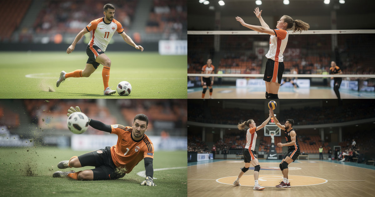 Turuncu özel spor formasıyla futbol, voleybol, kaleci ve basketbol branşlarında aksiyon halinde Türk sporcular, formanın oyuncu performansına ve hareket kabiliyetine etkisi