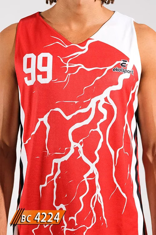 Kırmızı beyaz basketbol forması şimşek desen göğüs detayı BC 4224