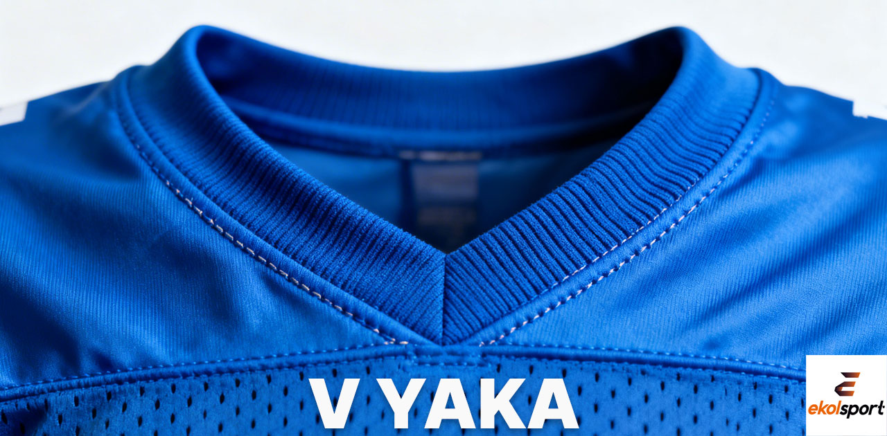 V yaka forma detay görseli, V kesim yaka yapısına sahip mavi spor forması. Forma yaka tipleri arasında basketbol ve voleybol formalarında yaygın kullanılan V yaka modeli.