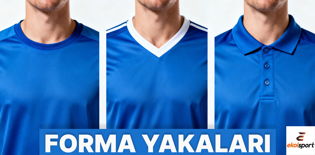 Forma yaka tipleri karşılaştırma görseli, bisiklet yaka, V yaka ve polo yaka formaların yan yana detay görünümü. Futbol forması yaka seçiminde üç temel modelin karşılaştırması.
