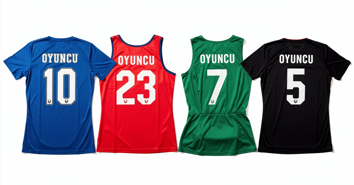 Branşa göre forma yazı tipi önerileri, futbol basketbol voleybol ve halı saha formalarında kullanılan farklı font stillerinin yan yana karşılaştırması. Her branşa uygun yazı tipi seçimi örneği.