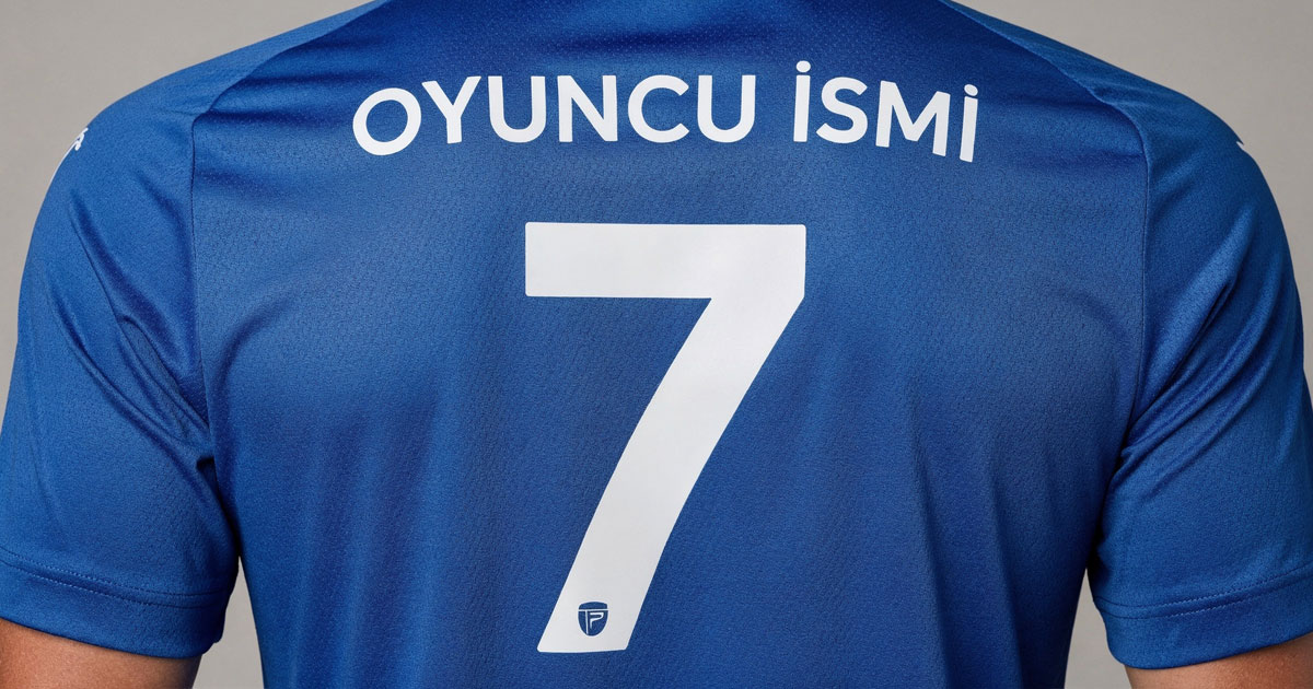 Forma yazı tipi örneği, mavi futbol forması sırtında modern sans-serif font stiliyle basılmış OYUNCU İSMİ yazısı ve 7 numarası. Sade ve temiz çizgili yazı tipi ile forma numara ve isim baskısı.