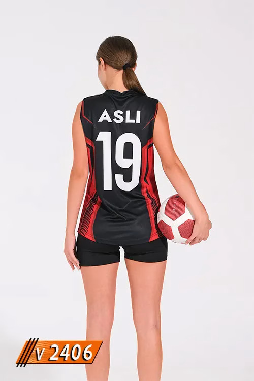 Siyah kırmızı geçişli kadın voleybol forması V2406 modeli arka görünüm