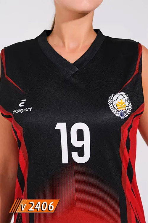 Siyah kırmızı geçişli kadın voleybol forması V2406 modeli göğüs detay görünüm