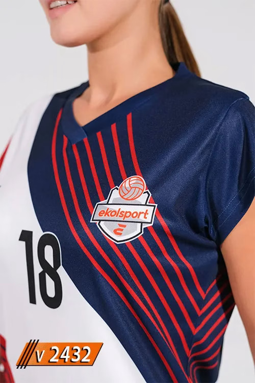 Kırmızı lacivert beyaz geometrik desenli kadın voleybol forması V2432 modeli ön görünüm
