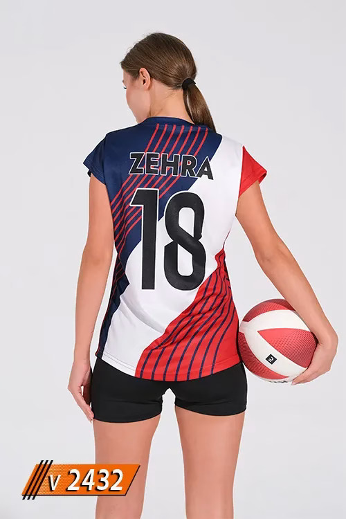 Kırmızı lacivert beyaz kadın voleybol forması V2432 modeli ön görünüm