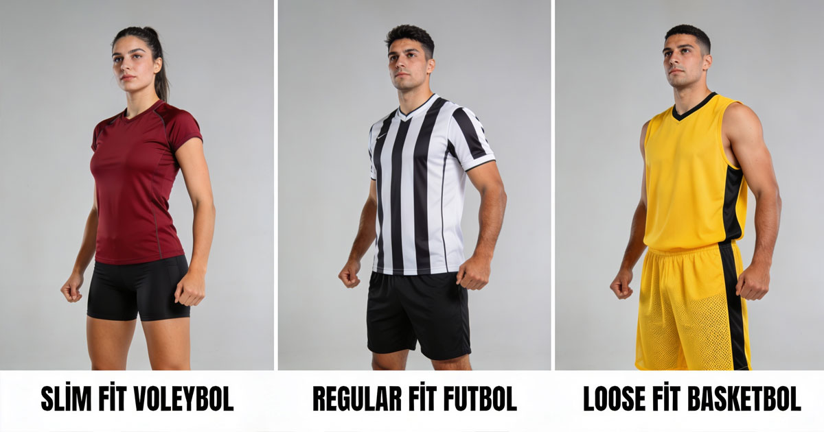 Branşa göre forma kesim tercihleri. Voleybolda slim fit, futbolda regular fit ve basketbolda loose fit forma örnekleri.