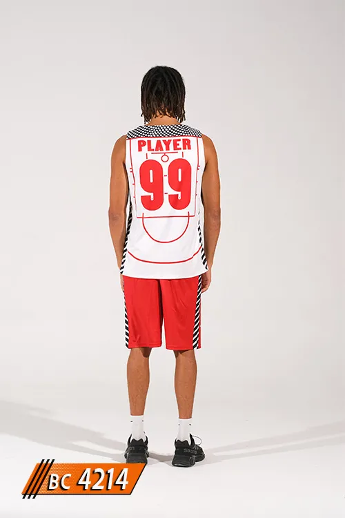 Basketbol Forması Beyaz Kırmızı Çift Taraflı arkadan görünüm, isim ve numara baskılı BC4214