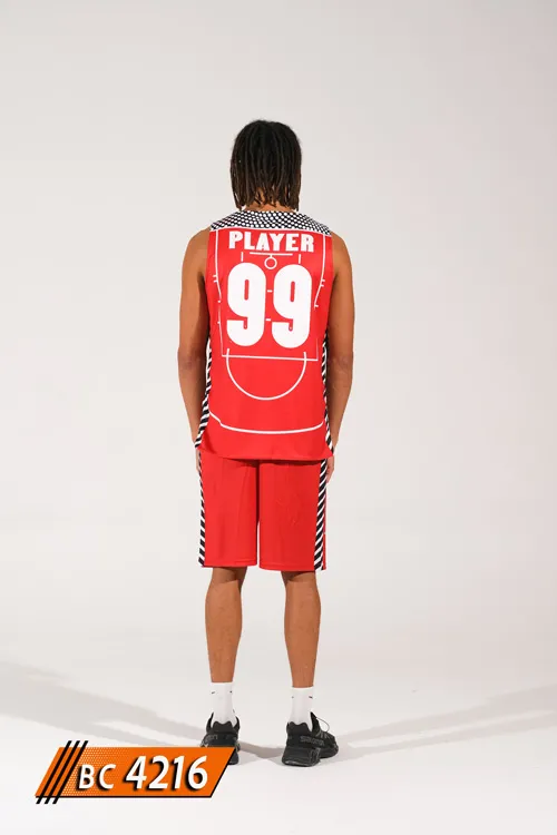 Basketbol Forması Kırmızı Beyaz Çift Taraflı arkadan görünüm, isim ve numara baskılı BC4216