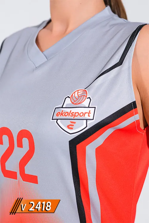 Gri turuncu geçişli kadın voleybol forması omuz ve yaka detayı V2418