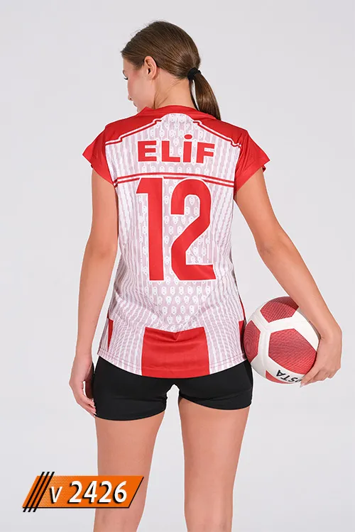 Kırmızı beyaz dikey çizgili kadın voleybol forması arkadan görünüm, isim ve numara baskılı V2426