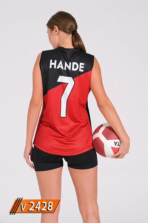 Siyah kırmızı grafik desenli kadın voleybol forması arkadan görünüm, isim ve numara baskılı V2428