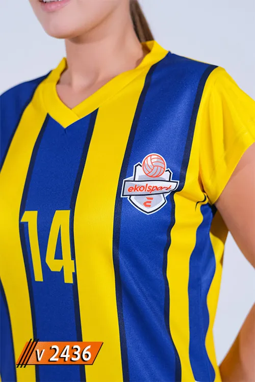 Sarı mavi dikey çizgili kadın voleybol forması göğüs ve yaka detayı V2436