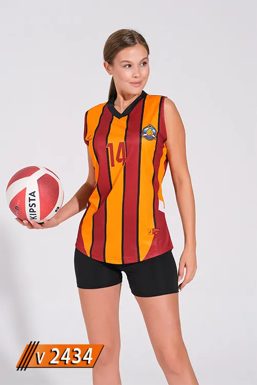 Sarı bordo dikey çizgili kadın voleybol forması ön görünüm V2434