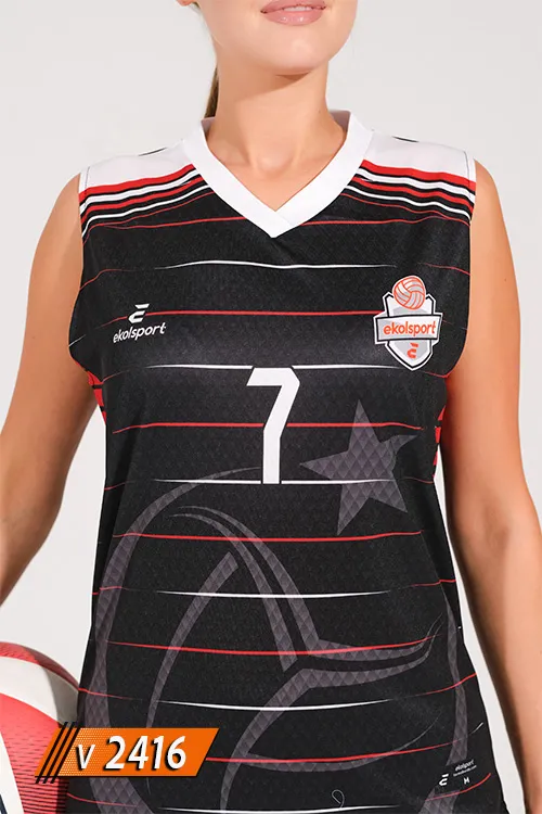 Siyah kırmızı çizgili kadın voleybol forması göğüs ve yaka detayı V2416