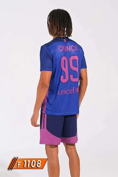 Barcelona Mavi Pembe Detaylı Futbol Forması arkadan görünüm, isim ve numara baskılı F1108